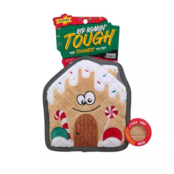 Joyhound Rip Roarin Tough Chew Plush Dog Toy Squeaky Gingerbread House Toss Play - Picture 2 of 3